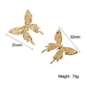 Detailed view of butterfly earrings in gold finish with 31mm size and 7.6g weight metrics