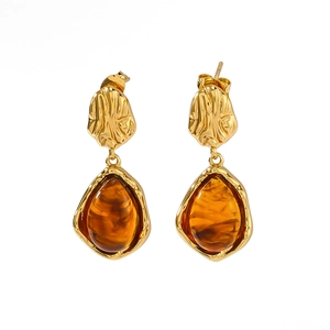 Chic 18K gold-plated stainless steel earrings with resin drop pendant and textured metal