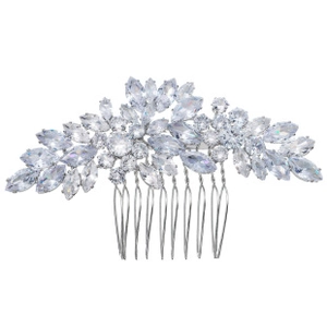 Detail view of silver leaf hairpins with marquise zircons and floral cluster design