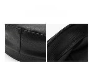 Detailed close-up of black PU leather octagonal hat with precision stitching and lining