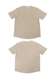Front and back view of men's beige slim-fit T-shirt with textured waffle fabric detail