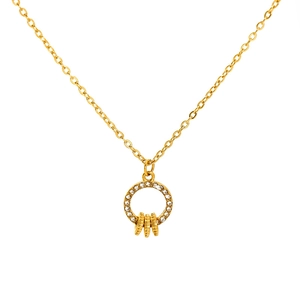 Gold necklace with cubic zirconia circular pendant and three small golden ring drops