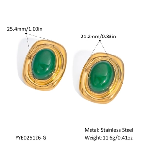 Detailed view of vintage gold plated stainless steel earrings with oval green stone