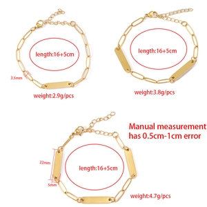 Three sizes of gold stainless steel paperclip bracelets with engravable rectangular plates