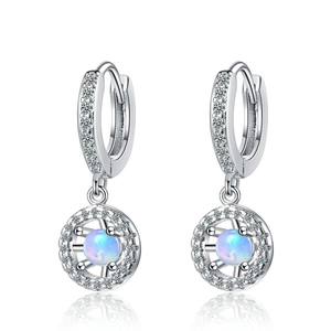 Elegant Copper Blue Artificial Opal Hoop Earrings With 925 Sterling Silver Earring Post Rhinestone Inlaid Geometric Dangle Earrings For Women