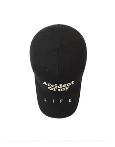 Overhead view of a black cotton baseball cap featuring white embroidered typography