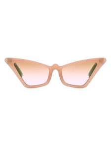 Detail of trendy pink-orange matte cat eye frame with gradient lenses and sharp angles