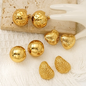 Minimalist Gold Stud Earrings 18K Gold Plated 304 Stainless Steel Hammered Heart Round Ball Textured Geometric Jewelry For Women