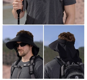 Macro detail of black sun hat with neck flap for maximum UV protection during hiking