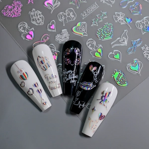Detailed holographic silver and white heart nail stickers for Valentine's Day art
