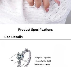 Detail view of silver zircon ring showing 6mm stone size, 16mm diameter, and 2.1g weight