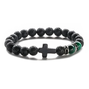 8mm lava rock and green tiger eye beaded bracelet with black matte cross pendant