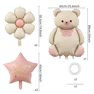 Detailed set of cream bear and flower foil balloons for birthday party decoration