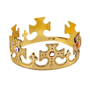 Gold plastic royal crown for kids party with colorful gems on a white background