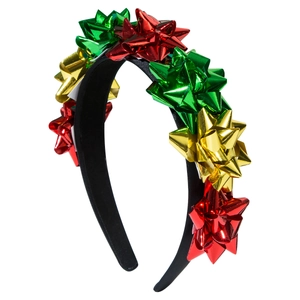 Cerchietto natalizio festivo decorato con fiocchi regalo luccicanti rossi, verdi e oro