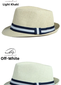 Detail of light khaki and creamy white straw fedora hats with blue striped bands