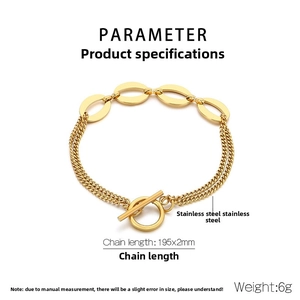 Detailed specs of the gold stainless steel toggle clasp bracelet, 195x2mm size