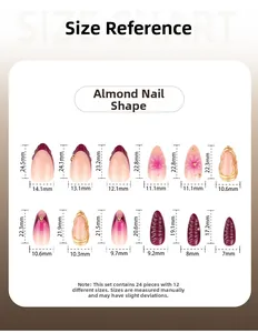 Guide des tailles pour faux ongles amande 3D avec 12 dimensions et 24 pièces incluses