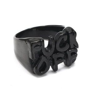 Retro distressed black stainless steel ring featuring bold FUCK OFF letter design