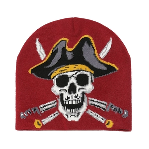 Macro view of the knitted texture and pirate skull embroidery on the red beanie