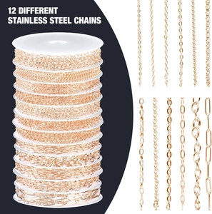 Detail view of 12 rose gold stainless steel jewelry chains in various link styles