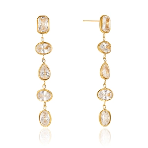 Elegant gold drop earrings with tiered geometric zircons and a dynamic tassel effect