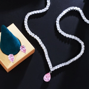 Korean Style Luxury Copper Pink Pear Shape Zirconia Jewelry Set Necklace Earrings For Women Wedding Party Accessory Gift