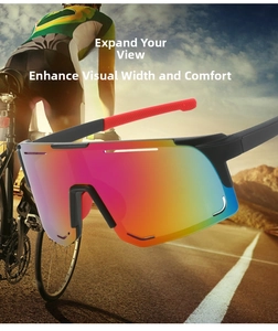 Macro detail of sports cycling sunglasses with rainbow lens coating and anti-slip temples