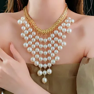 Statement Bib Necklace French Style Gold Color Alloy With White Imitation Artificial Pearl Tassels For Women