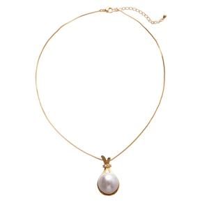 Retro gold necklace with a large round pearl pendant and sparkling zircon accents