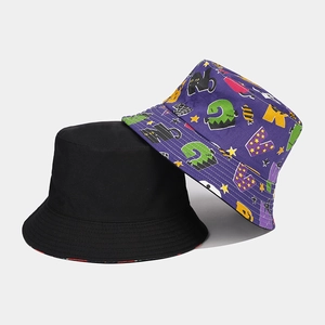 Detail showing high-quality stitching on purple Halloween print and black cotton bucket hats