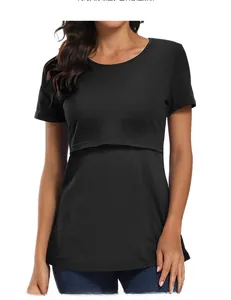 Detail of black maternity nursing t-shirt with functional double-layer feeding access