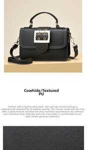 Detail of black PU leather bag showing white contrast stitching and gold metal buckle