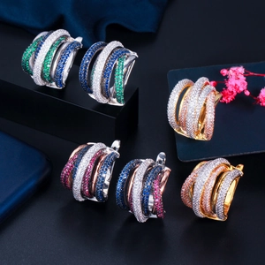 Three-color plated hoop earrings featuring multi-layer micro-pave cubic zirconia crystals