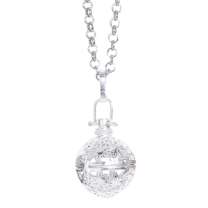 Vintage hollow flower locket necklace with silver ball pendant on long chain