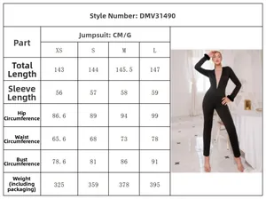 Detailed size guide for black long sleeve cutout jumpsuit with measurements in CM and G