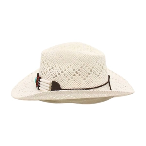 Close-up of cream straw cowboy hat featuring ethnic beaded band and turquoise stone detail