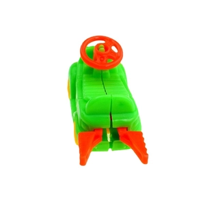 Top view of a green and orange colorful catapult toy car for kids on white background
