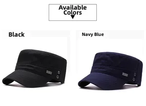 Détail de casquettes militaires noir et bleu marine avec œillets et logo métallique