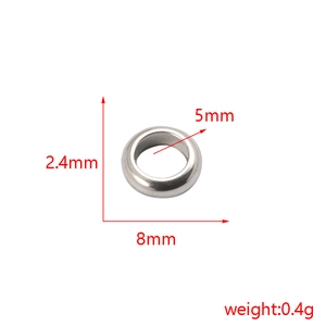Polished stainless steel 8mm spacer bead showing internal 5mm diameter and 0.4g weight