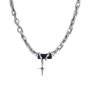 Punk style stainless steel layered necklace with black gemstone and silver cross pendant