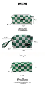 Size chart for green checkerboard canvas pencil cases in small, medium, and large dimensions