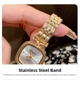 Detail of polished stainless steel strap and square dial of women's quartz watch