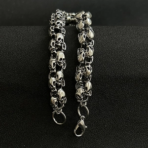 Hip hop vintage skull link bracelet in polished metal with lobster clasp for men
