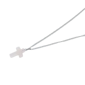 Silver chain necklace featuring a polished pink natural stone cross pendant on white background