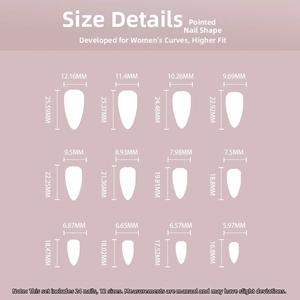 Detailed size chart showing dimensions for 24 pieces of stiletto press-on nails