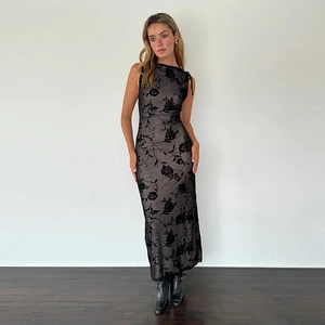 Sleeveless halter neck maxi dress with black floral velvet print on grey fabric