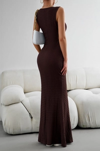 Slim fit brown knitted maxi dress showing rear view and textured fabric detail