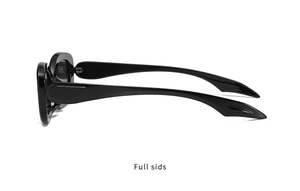 Side view of modern oval black acetate sunglasses with thick frames and glossy finish
