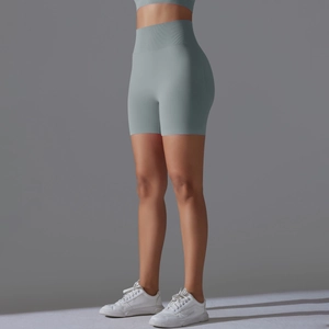 Close-up of high-waist seamless yoga shorts featuring body-shaping butt-lift texture